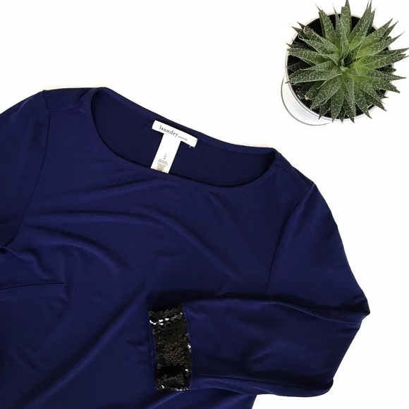 Laundry by Design Navy Blue w/ Black Sequin Cuffs Shift Knee Length Dress US 6 - Picture 1 of 4